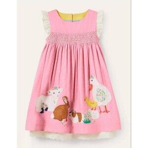 Mini Boden Girls Smocked  Farm Animal Appliqué Short sleeve Dress size 5/6 GUC
